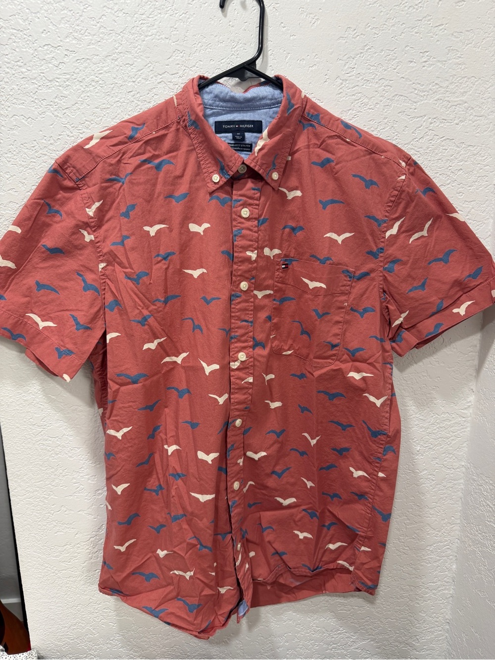 Tommy Hilfiger Rust Red Seagull-Print Short Sleeve Button-Down Shirt